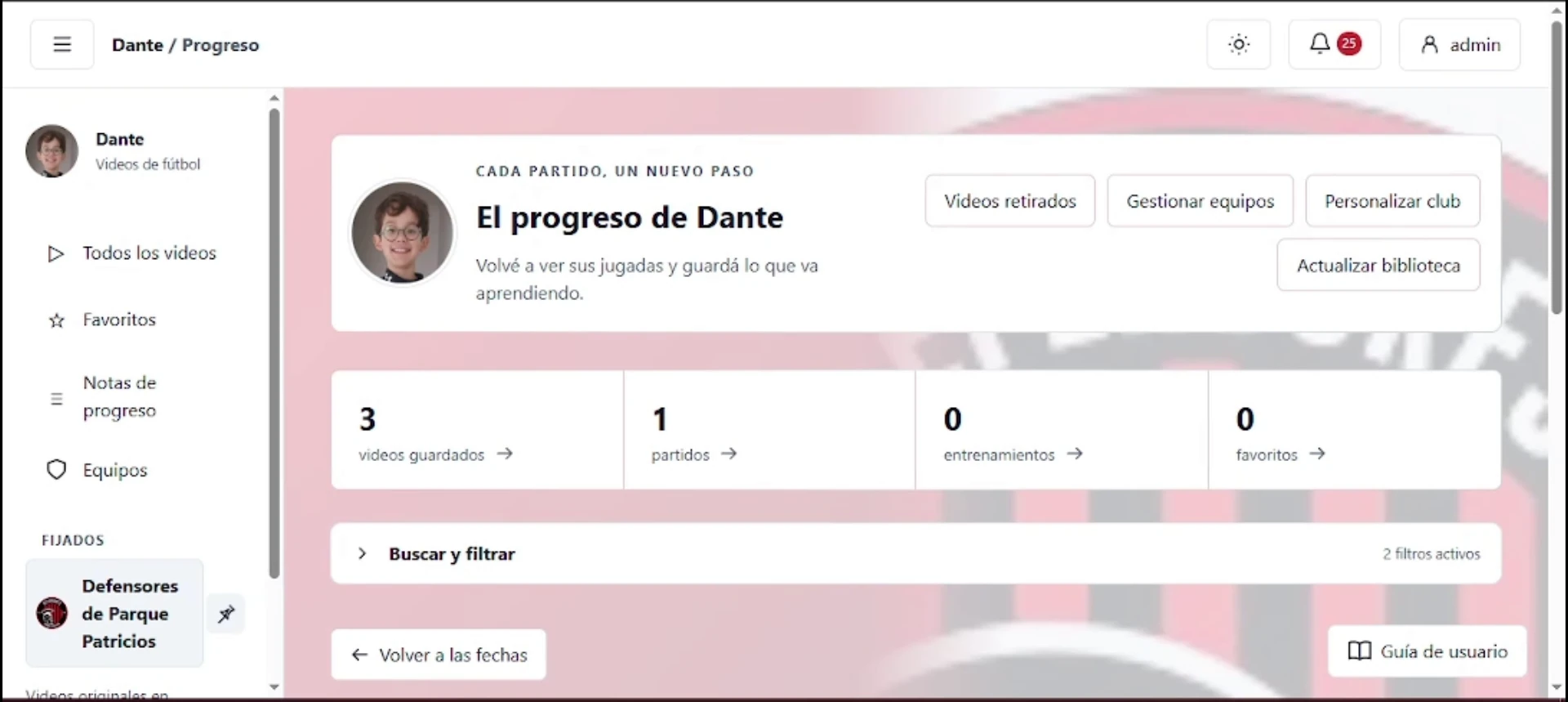 Vista del panel de Progreso, con la biblioteca de videos organizada por equipos y fechas